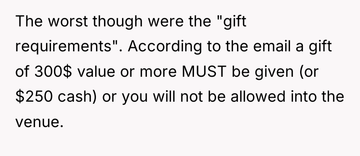 The worst though were the "gift requirements". According to the...