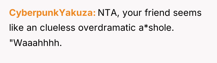 CyberpunkYakuza NTA, your friend seems like an clueless overdramatic a*shole....