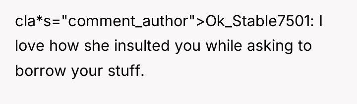 cla*s="comment_author">Ok_Stable7501: I love how she insulted you while asking to...
