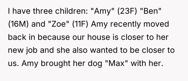 I have three children: "Amy" (23F) "Ben" (16M) and "Zoe"...