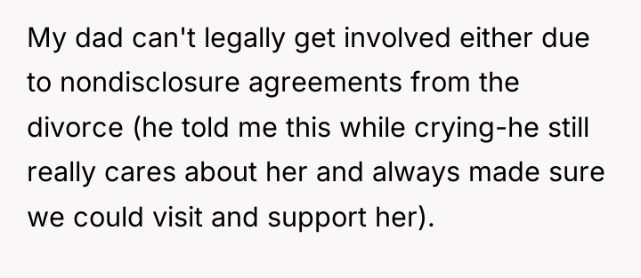 My dad can't legally get involved either due to nondisclosure...