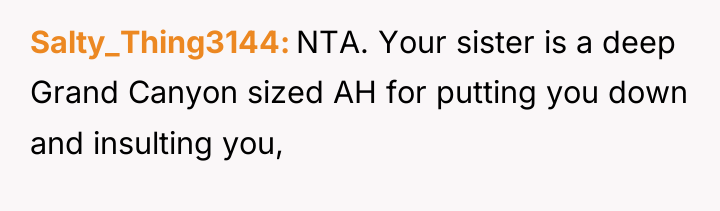 Salty_Thing3144 NTA. Your sister is a deep Grand Canyon sized...