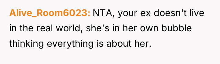 Alive_Room6023 NTA, your ex doesn't live in the real world,...