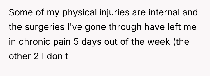 Some of my physical injuries are internal and the surgeries...
