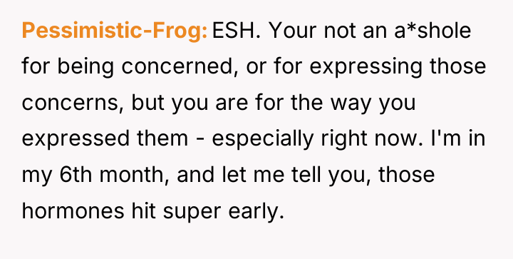 Pessimistic-Frog ESH. Your not an a*shole for being concerned, or...