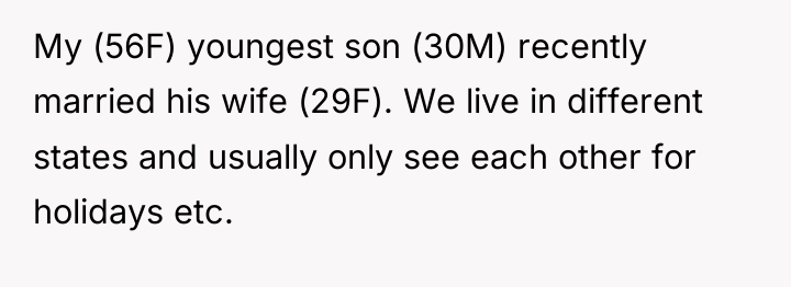 My (56F) youngest son (30M) recently married his wife (29F)....