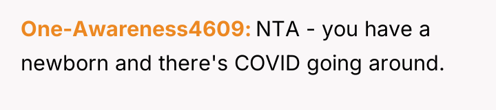 One-Awareness4609 NTA - you have a newborn and there's COVID...