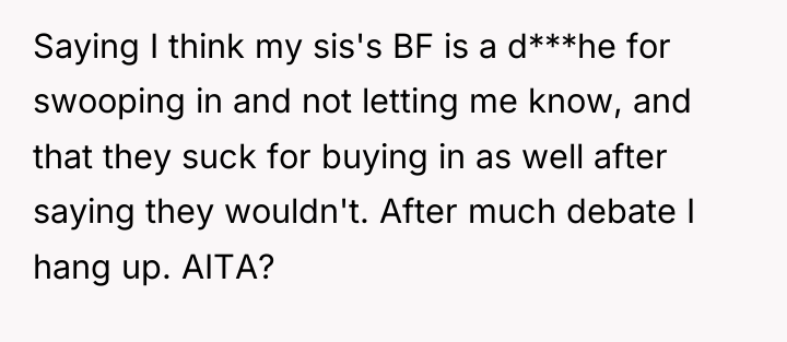 Saying I think my sis's BF is a d***he for...