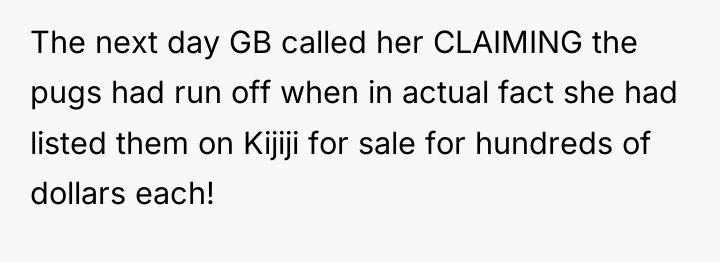 The next day GB called her CLAIMING the pugs had...