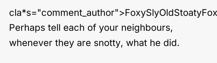 cla*s="comment_author">FoxySlyOldStoatyFox: Perhaps tell each of your neighbours, whenever they are...
