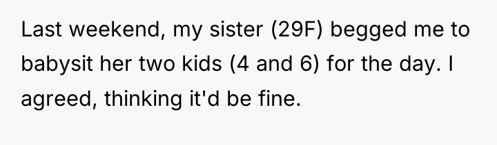 Last weekend, my sister (29F) begged me to babysit her...