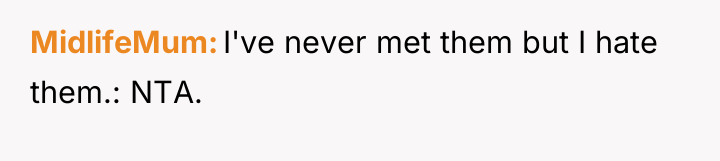 MidlifeMum I've never met them but I hate them.: NTA.