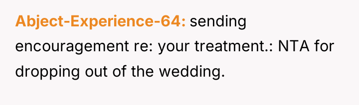 Abject-Experience-64 sending encouragement re: your treatment.: NTA for dropping out...