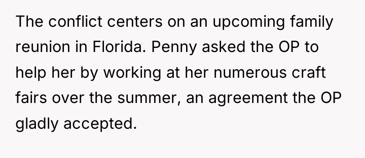 The conflict centers on an upcoming family reunion in Florida....