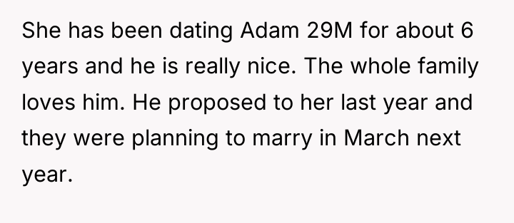 She has been dating Adam 29M for about 6 years...