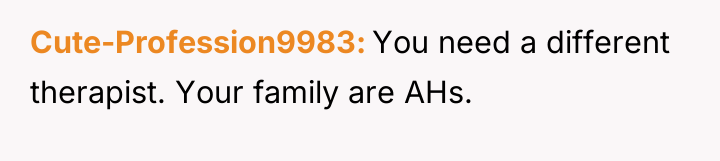 Cute-Profession9983 You need a different therapist. Your family are AHs.