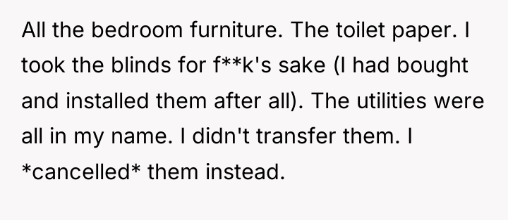 All the bedroom furniture. The toilet paper. I took the...