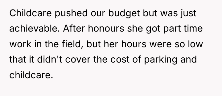 Childcare pushed our budget but was just achievable. After honours...