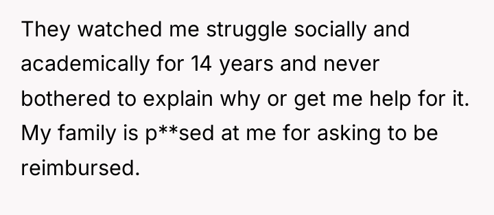 They watched me struggle socially and academically for 14 years...