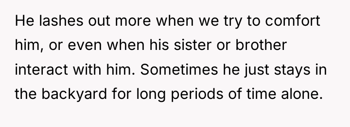 He lashes out more when we try to comfort him,...