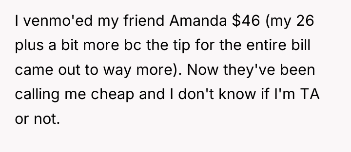 I venmo'ed my friend Amanda $46 (my 26 plus a...