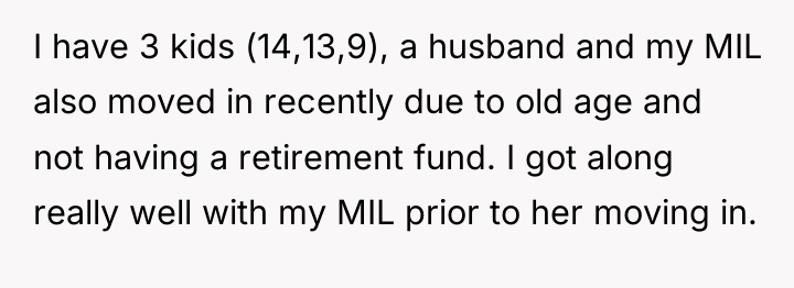 I have 3 kids (14,13,9), a husband and my MIL...