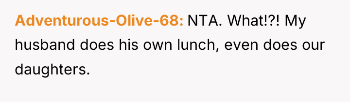 Adventurous-Olive-68 NTA. What!?! My husband does his own lunch, even...