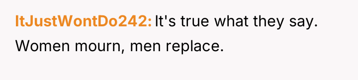 ItJustWontDo242 It's true what they say. Women mourn, men replace.