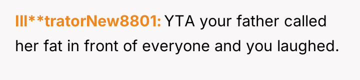 Ill**tratorNew8801 YTA your father called her fat in front of...