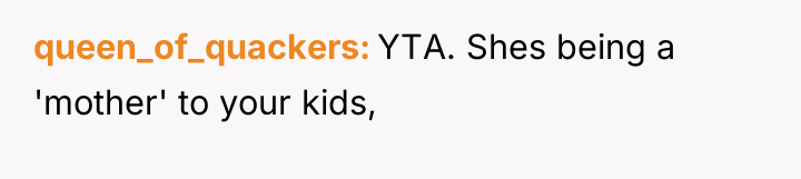 queen_of_quackers YTA. Shes being a 'mother' to your kids,