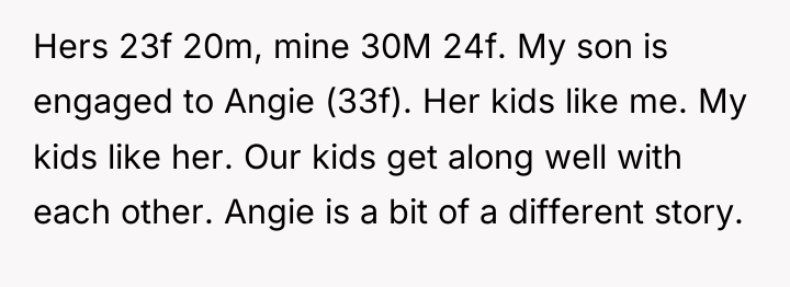 Hers 23f 20m, mine 30M 24f. My son is engaged...