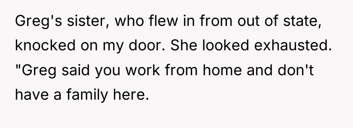 Greg's sister, who flew in from out of state, knocked...