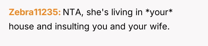Zebra11235 NTA, she's living in *your* house and insulting you...