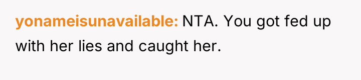 yonameisunavailable NTA. You got fed up with her lies and...