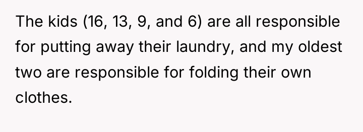 The kids (16, 13, 9, and 6) are all responsible...