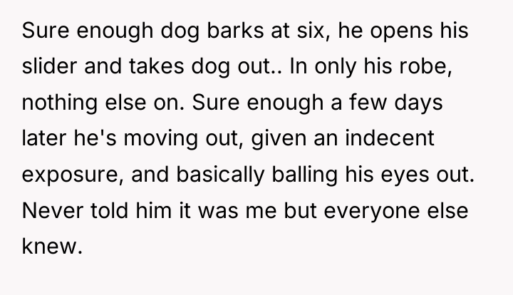 Sure enough dog barks at six, he opens his slider...