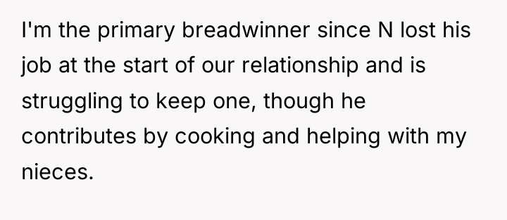 I'm the primary breadwinner since N lost his job at...