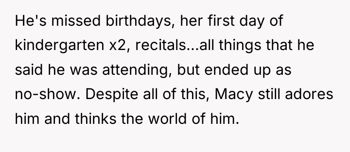 He's missed birthdays, her first day of kindergarten x2, recitals...all...