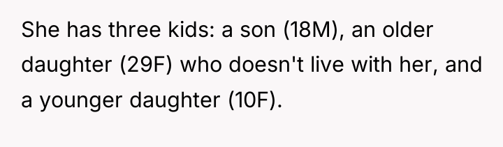 She has three kids: a son (18M), an older daughter...