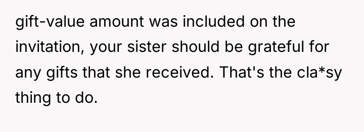 gift-value amount was included on the invitation, your sister should...