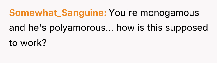 Somewhat_Sanguine You're monogamous and he's polyamorous... how is this supposed...