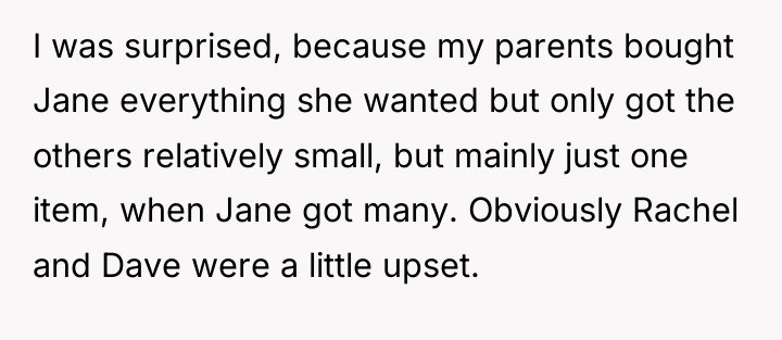 I was surprised, because my parents bought Jane everything she...