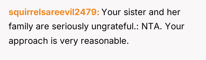 squirrelsareevil2479 Your sister and her family are seriously ungrateful.: NTA....