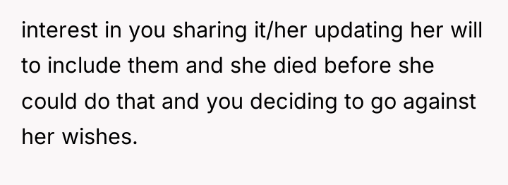 interest in you sharing it/her updating her will to include...