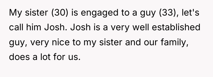 My sister (30) is engaged to a guy (33), let's...