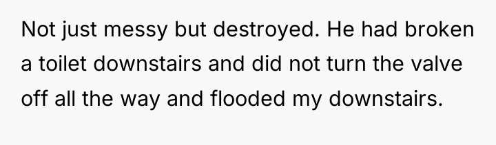 Not just messy but destroyed. He had broken a toilet...