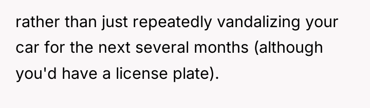 rather than just repeatedly vandalizing your car for the next...