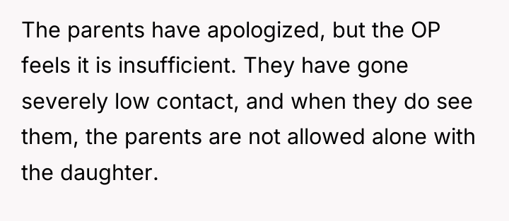 The parents have apologized, but the OP feels it is...