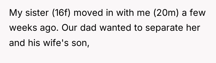 My sister (16f) moved in with me (20m) a few...