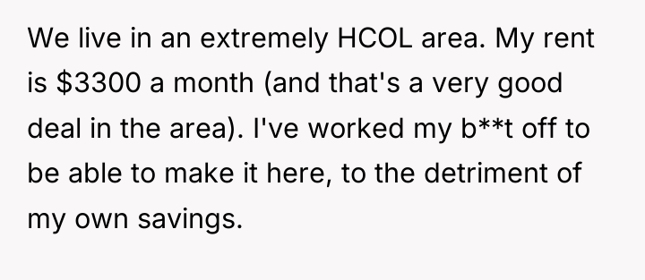 We live in an extremely HCOL area. My rent is...